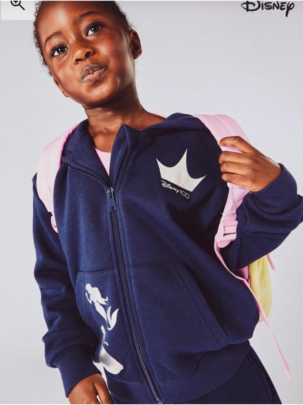 DISNEY 100 Girls Navy Zip Hoodie with Silver Graphic